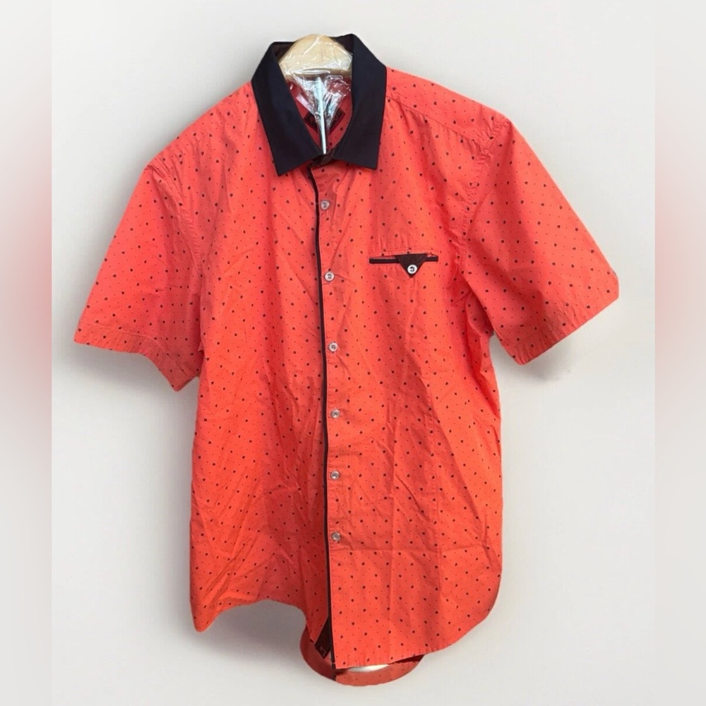 Perruzo Orange And Navy Blue Button Up Shirt with Collar Mens Size XL Slim Fit